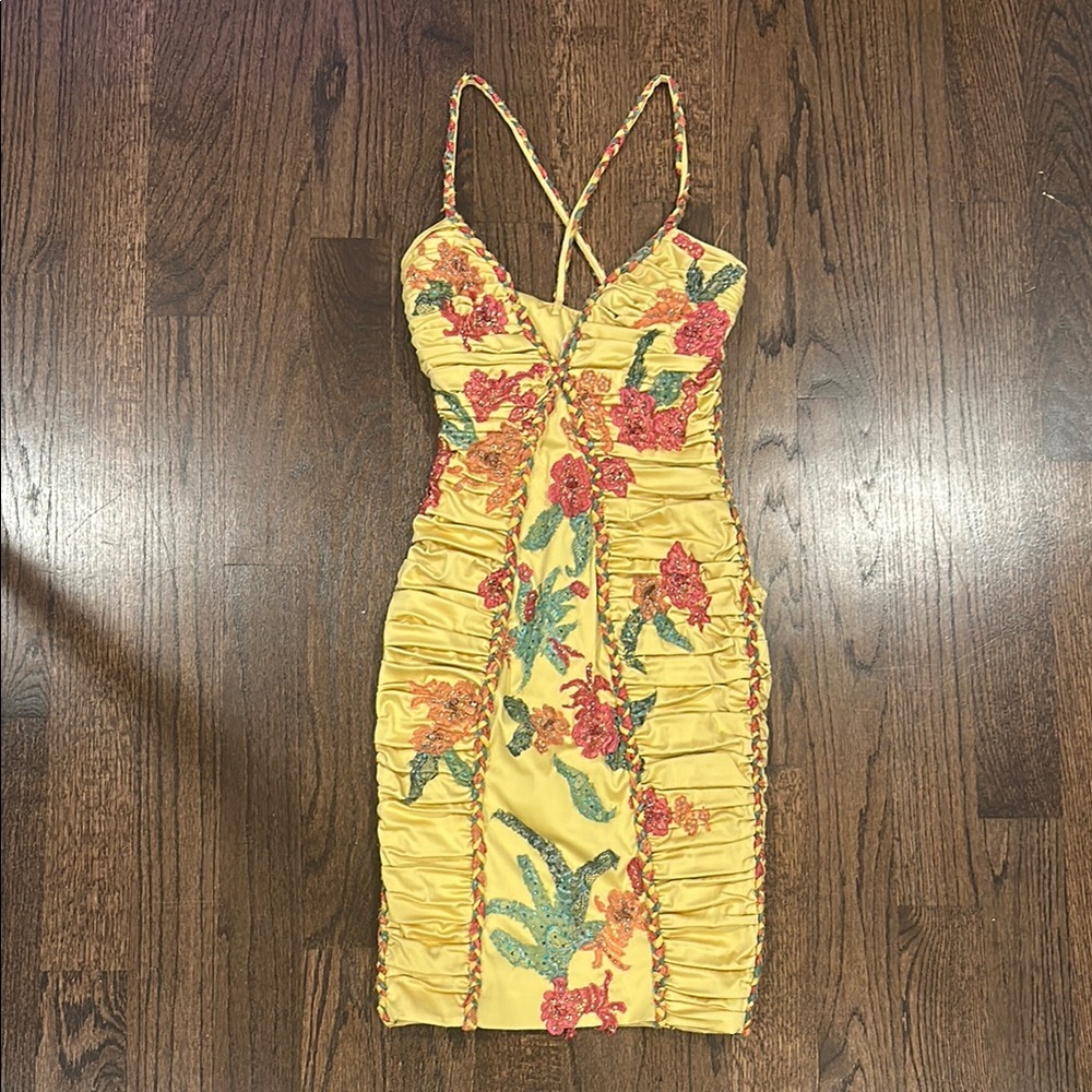 MANDALAY Yellow Ruched Bodycon Midi Dress with lace appliqués, beads and braids
